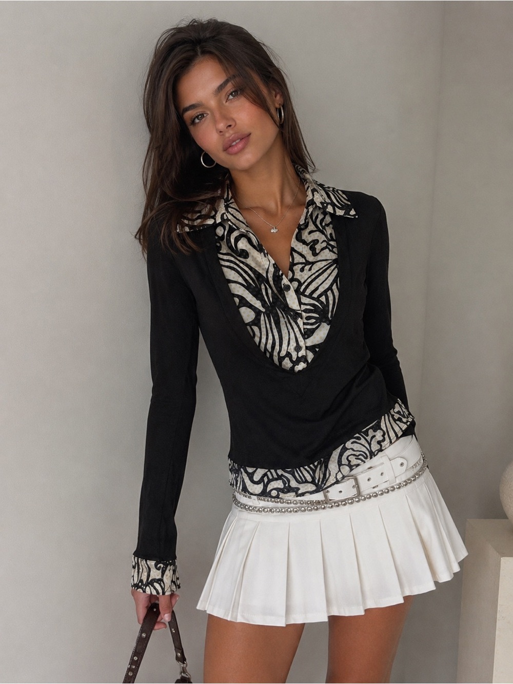 Cache Vintage Black & White Layered Button Front Top Size M